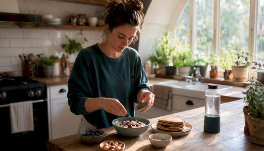 Woman eating protein breakfast in sunlit kitchen