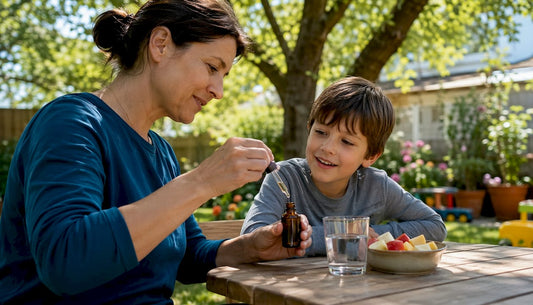 Caregiver giving child omega-3 supplement in kitchen