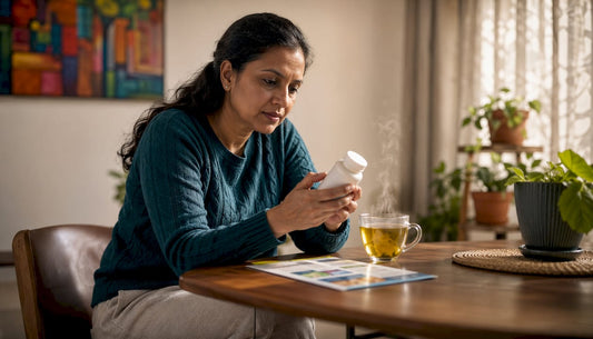 Caregiver reviewing multivitamin label at kitchen table