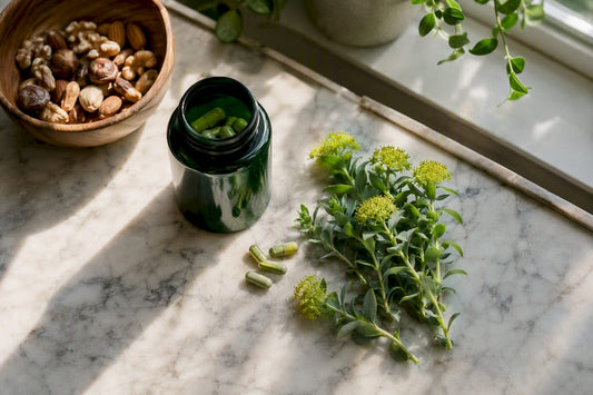 Rhodiola capsules spilled on wooden table with leaves