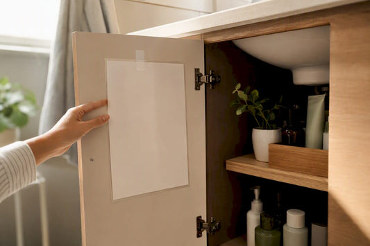 Hand retrieving calm-down safety card in cabinet