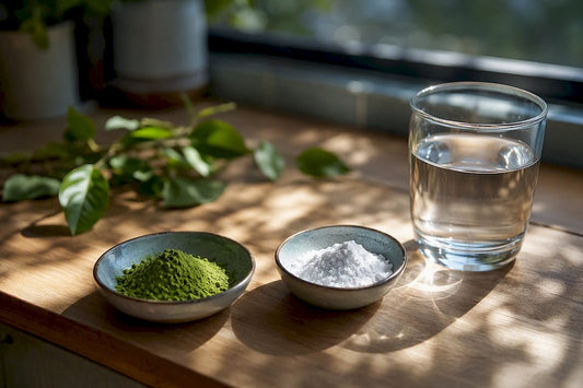 Close-up of tea leaves and powder on table