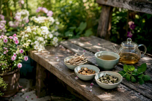 Herbal adaptogens and tea in cozy home nook