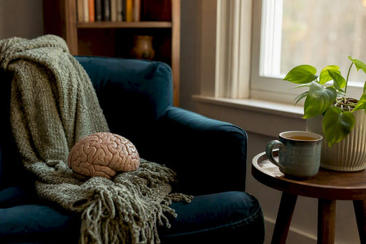 Brain model on desk with herbal tea and plant