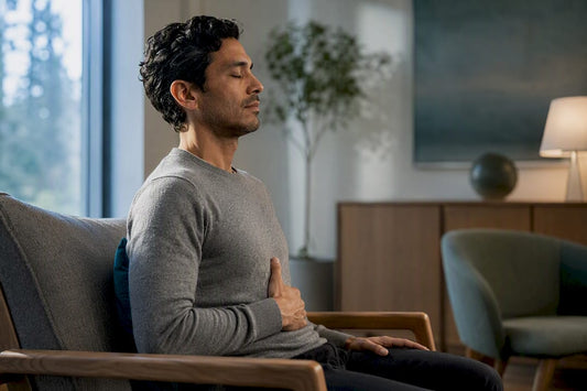 Adult practicing paced breathing in therapy room
