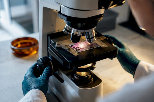 Intestinal tissue slide under research microscope