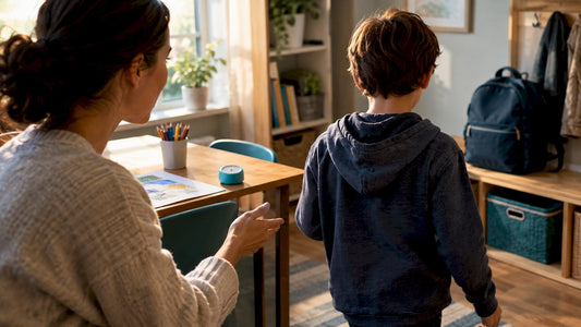 Parent guiding child through calm home transition