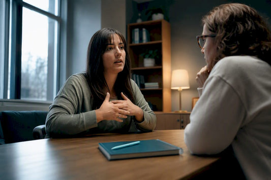 Adult discussing symptoms with a clinician