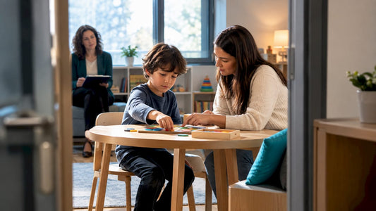 Child and caregiver completing behavioral assessment