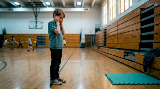 Child covering ears in crowded gym