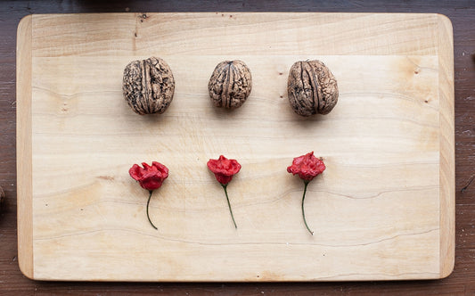 red rose beside brown and gray round fruit
