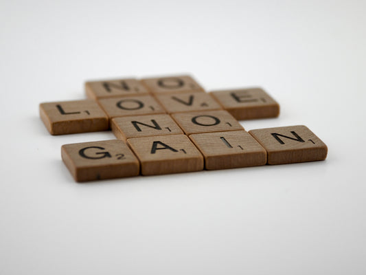 a close up of a scrabble of words on a white surface