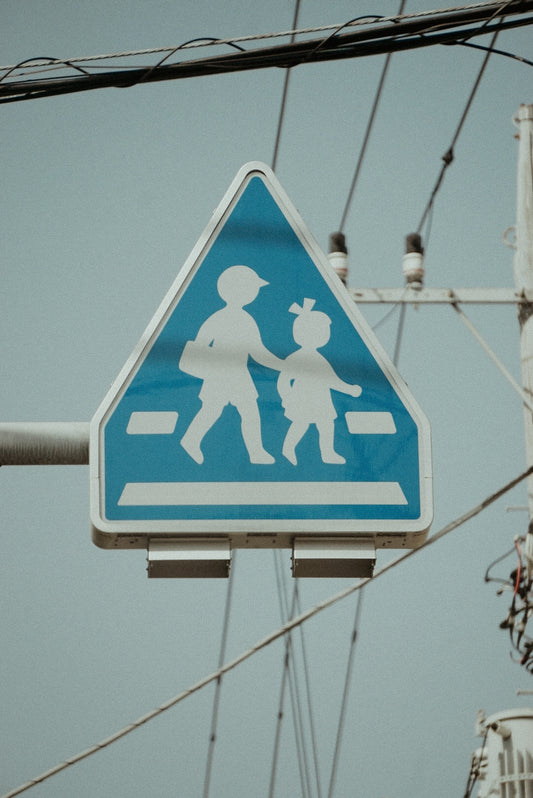a blue and white pedestrian crossing sign on a pole