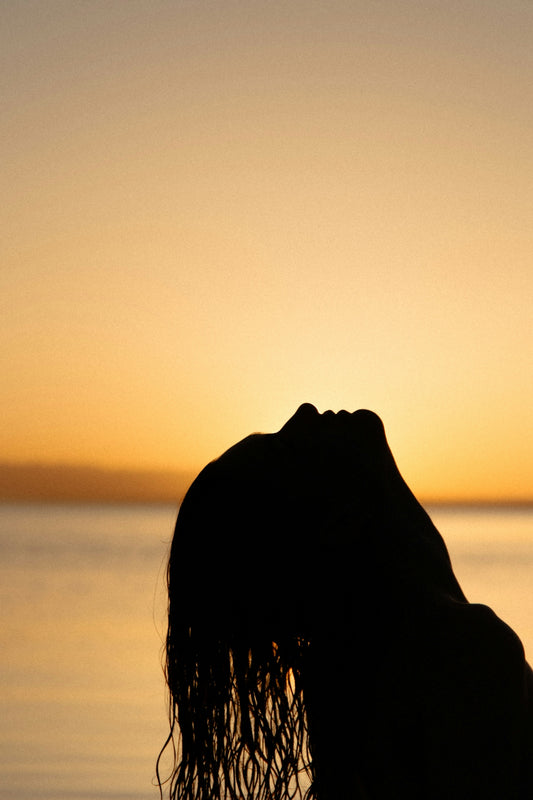 a woman's head with a sunset in the background