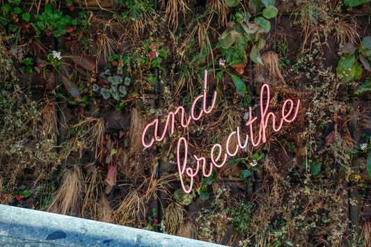a pink neon sign that says and breathe