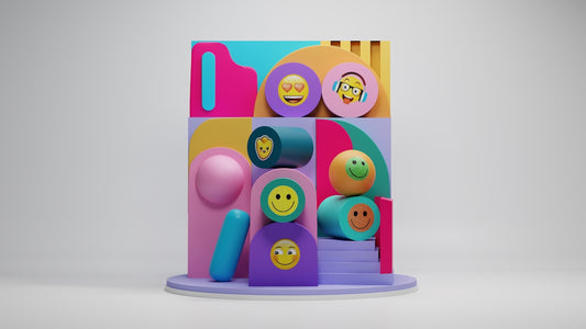A colorful display of toys on a white background
