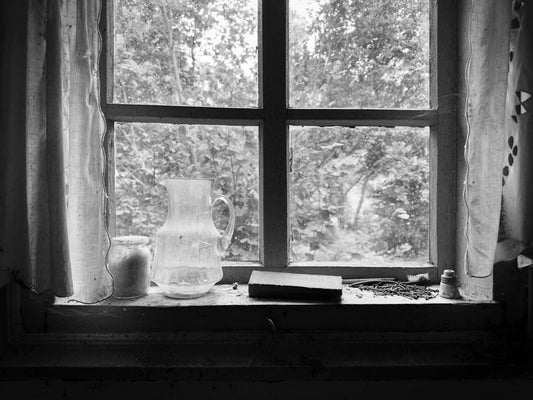 A black and white photo of a window sill