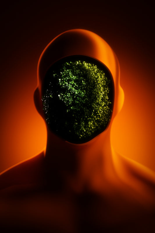 A man's face is covered with grass