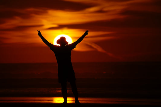 A person standing on a beach with their arms in the air