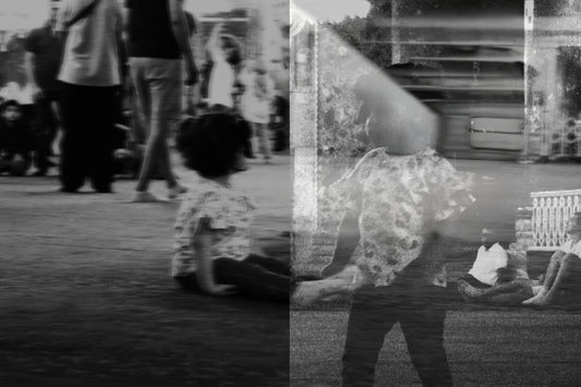 Child is captured with double exposure effect in black and white.