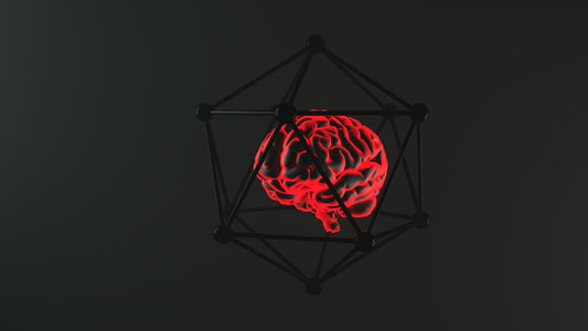 Glowing brain encased in a geometric structure.