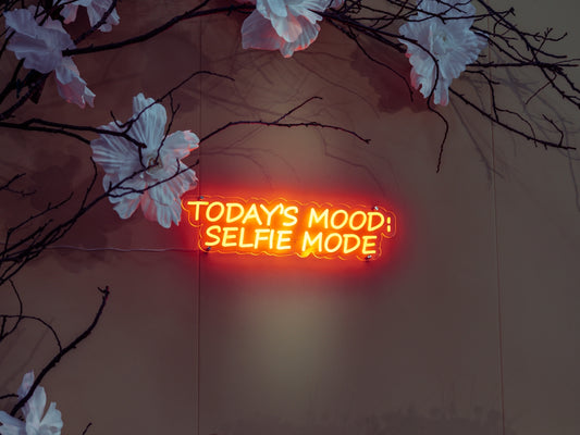 Neon sign: today's mood: selfie mode.