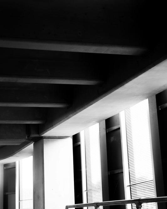 Architectural elements and sunlight create a striking contrast.