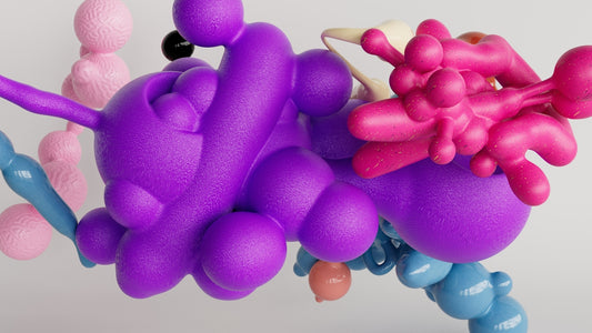 Colorful abstract forms on a white background.