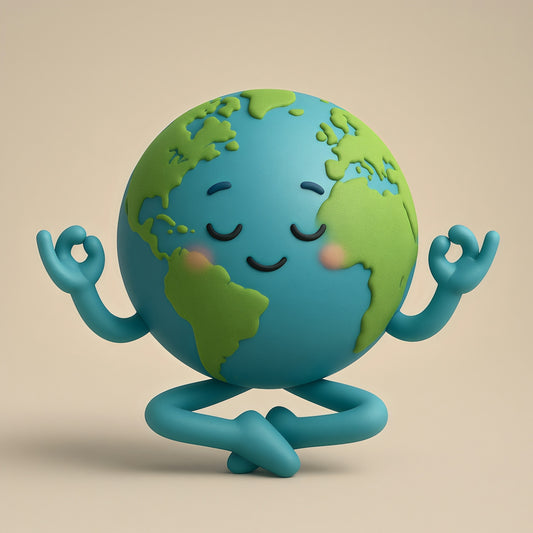 Cartoon earth meditating peacefully with eyes closed.