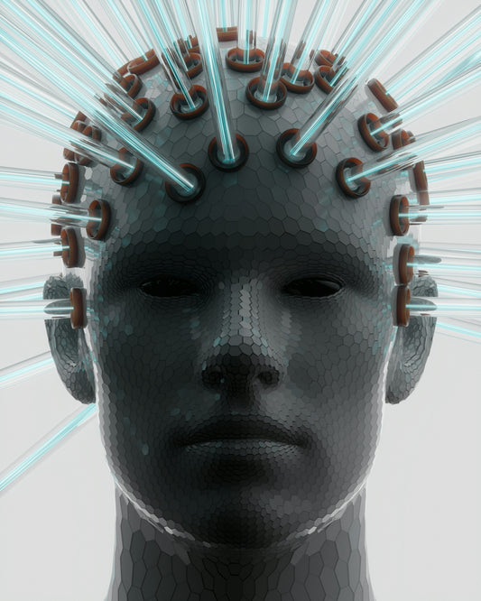 Man with electrodes on head emitting light beams