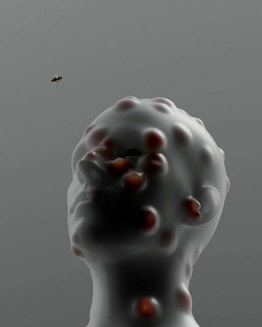 A fly hovers near a grotesque, bumpy head sculpture.