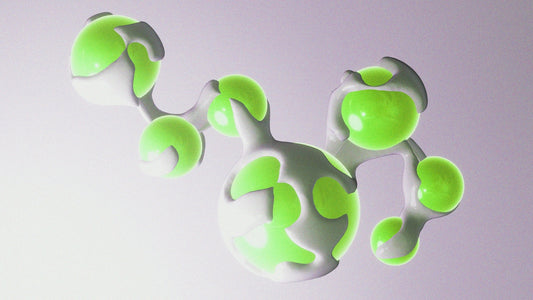 Abstract organic shapes with green and gray elements.
