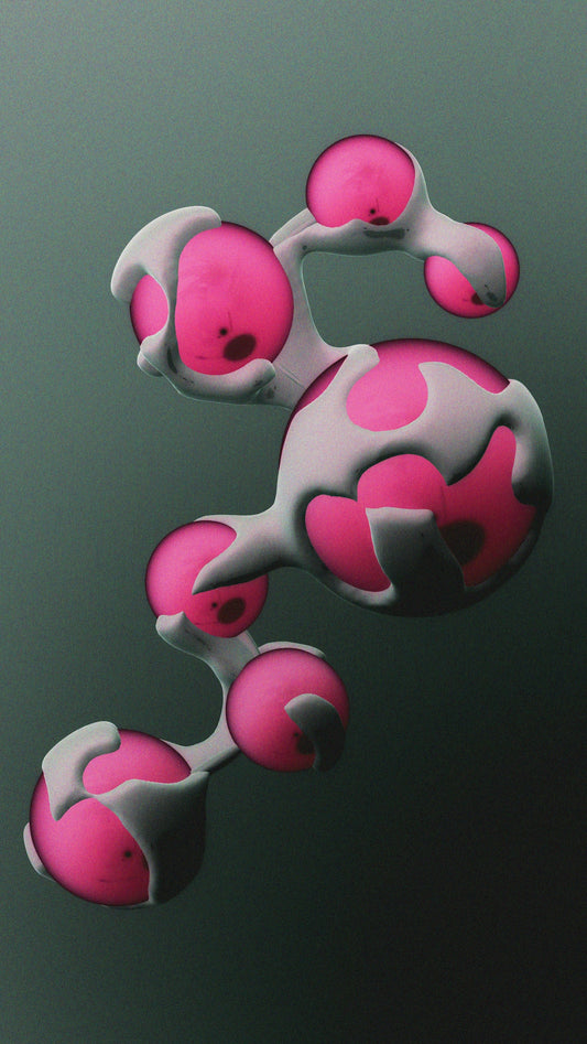 Abstract pink spheres connected by white organic shapes.