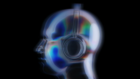 Transparent head with headphones on black background