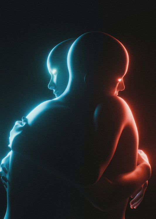 Two glowing figures embrace in a dark space.