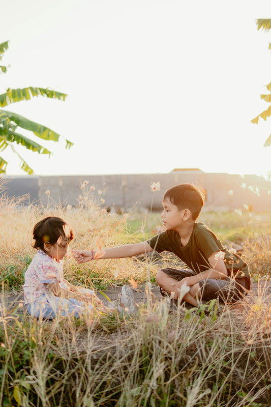 Older boy reaching out to younger child in golden field.
