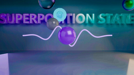 3D text 'superposition state' with spheres and a wavy line.