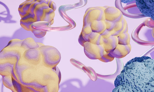 Floating textured yellow and purple blobs with iridescent ribbons on a light purple background